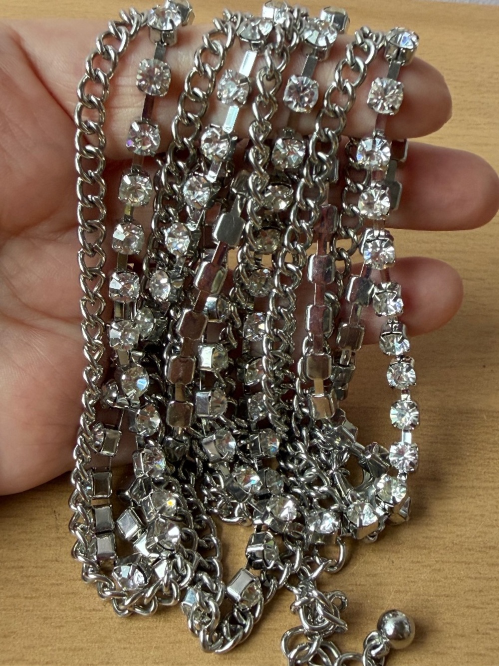 STATEMENT TENNIS STYLE EXTRA LONG RHINESTONE CRYSTALS NECKLACE SILVER TONE METAL